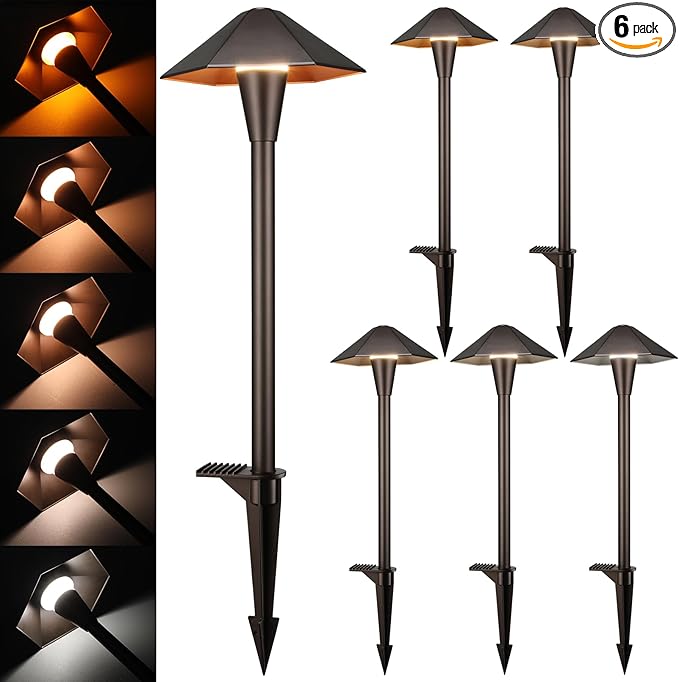 LEONLITE 5CCT Low Voltage Pathway Lights, LED Landscape Path Lights, 1800/2700/3000/4000/5000K, Hexagon Head, 12-24V AC/DC, IP65 Outdoor Walkway Light, Oil Rubbed Bronze Aluminum, Pack of 6