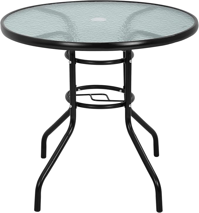 32in Outdoor Table Patio Dining Table Outdoor Dining Table with Umbrella Hole Round Tempered Glass for Yard Bistro Lawn Balcony
