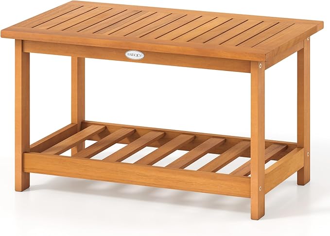 Tangkula Outdoor Acacia Wood Coffee Table, Patio 29.5” Rectangle Slatted 2 Tier Coffee Table with Storage Shelf, for Outside Balcony Patio Poolside