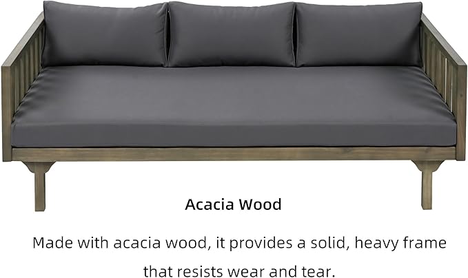 Merax Outdoor 3 Seater Daybed, Acacia Wood Day Bed Couch Sofa with Cushions for Patio Backyard, Garden, Dark Grey