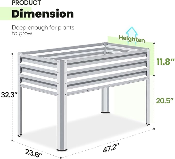 KING BIRD Large Raised Garden Bed with Legs Galvanized Elevated Planter Box 48×24×32 in for Backyard, Patio, Balcony, 400lb Capacity, Silver