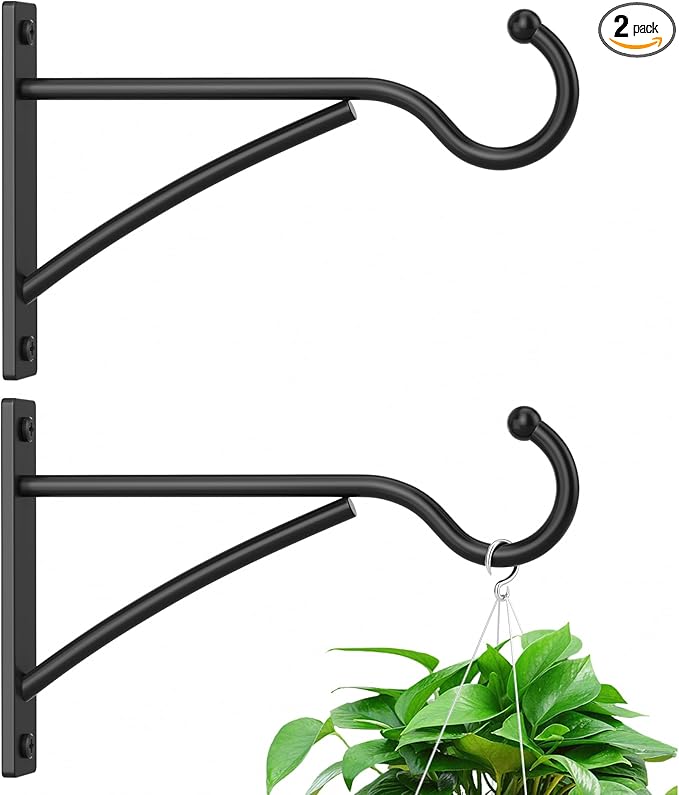 6 Inch 2 Pack Heavy Duty Plant Hangers Outdoor, Metal Plant Brackets for Hanging Baskets, Plant Wall Hooks for Bird Feeders, Wind Chimes & Lanterns, Premium Metal Hooks Matte Black, 30lbs Capacity