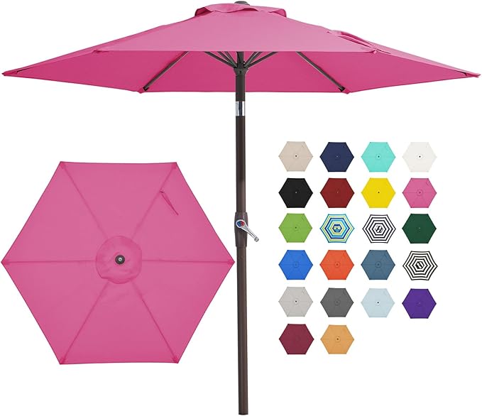 JEAREY 7.5FT Patio Umbrella Market Table Umbrella with 6 Sturdy Ribs, Push Button Tilt/Crank Outdoor Umbrella for Garden, Deck, Backyard, Pool and Beach,Rose Pink