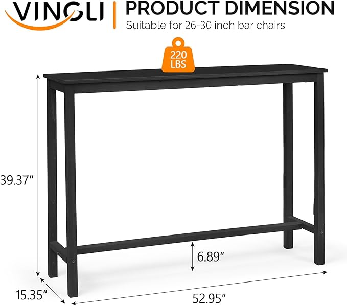 VINGLI Wooden Outdoor Bar Table, Wood Patio Counter Height Table, Weather-Resistant Patio Pub Table for Garden, Balcony, Poolside, Backyard, Indoor Use (Black, 53")