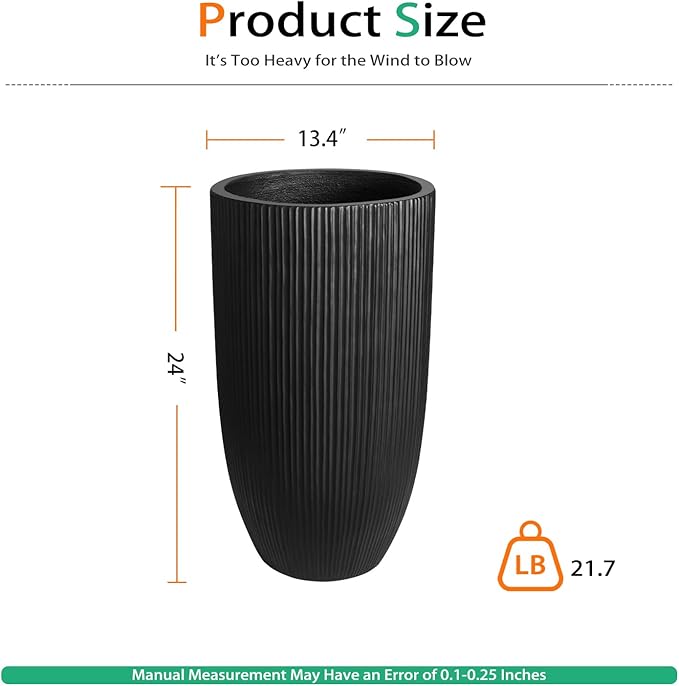 Tall Planters for Outdoor Plants, Large Concrete Flower Pots for Garden Front Porch, Patio, Indoor (Vertical Black)