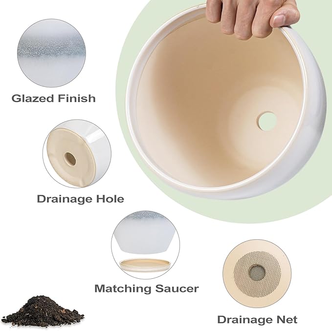 Ceramic Planter - 10 Inch Plant Pot with Drainage Hole and Plant Saucer, Round Decorative Large Flower Pots Indoor Outdoor, Home Patio Porch Room Decor, Birthday Gifts, White-Grey