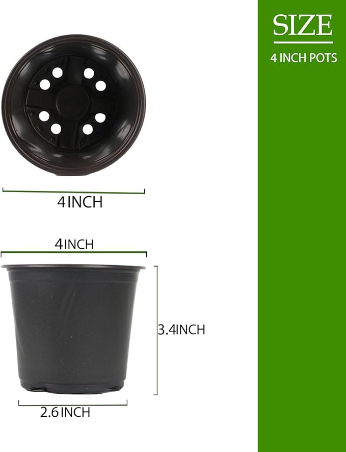 100 Packs 4 Inch Nursery Pots, 4 5 6 Inches Plastic Nursery Pots for Plants with Drainage Holes, Seed Starting Garden Pots of Flower Plant Container for Succulents, Transplanting (100, 4 Inch)