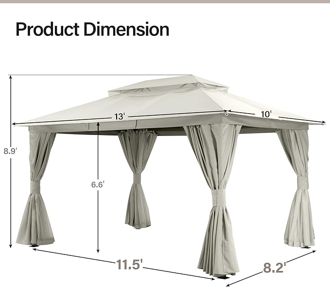 LAUSAINT HOME Semi-Permanent Outdoor Patio Gazebo 10'x13', Heavy Duty Party Tent Shelter with Double Roofs, Mosquito Nettings and Privacy Screens for Backyard, Garden, Lawn, Cream White