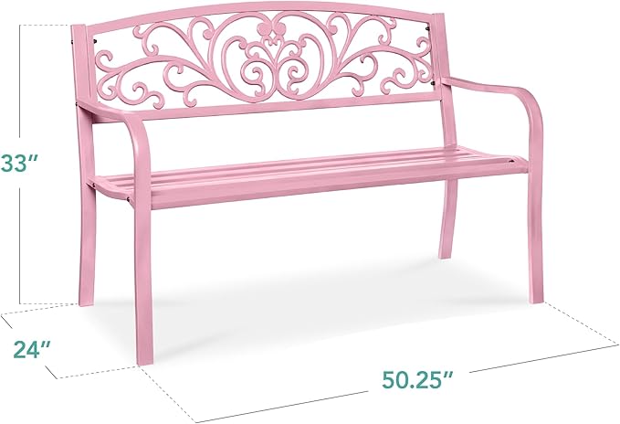 Best Choice Products Outdoor Bench Steel Garden Patio Porch Furniture for Lawn, Park, Deck w/Floral Design Backrest, Slatted Seat - Pink