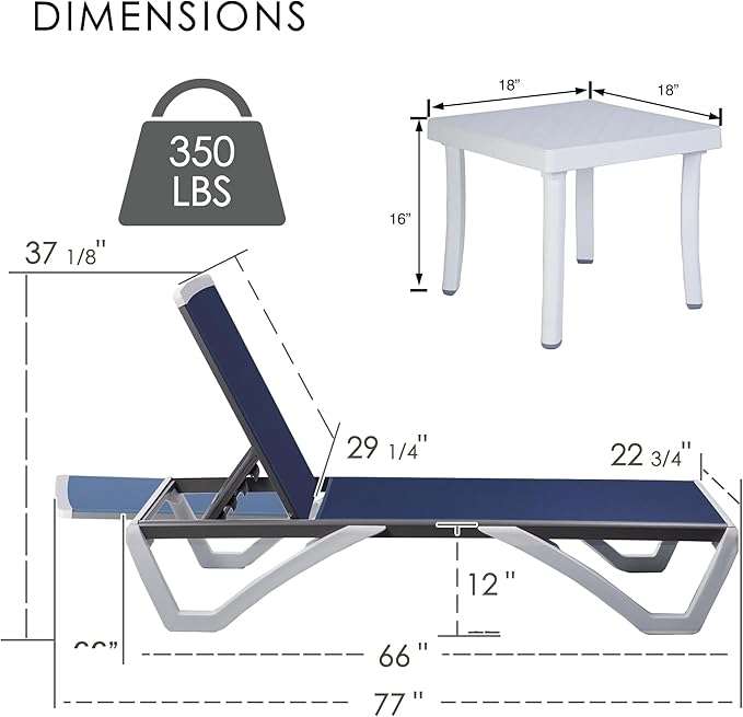 Kozyard Outdoor Chaise Lounge Chair, Full Flat Adjustable Patio Lounger with Aluminum Frame & Resin Legs, Textilene Fabric for Poolside, Backyard & Beach (NavyBlue, Chair with Table)