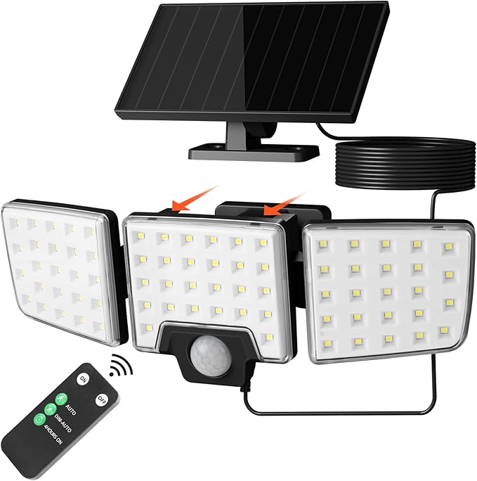 Lepro Solar Security Lights Outdoor Motion Sensor, 2 in 1 Separated and Integrated Remote Control IP65 Waterproof Solar Lights with 2 Light Modes, 3 Heads Floodlight for Garden Yard Garage