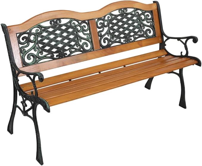 VINGLI Classic Cast Iron & Teak Arched Back Rectangular Outdoor Bench, 3-Seater, 470 lbs Capacity, Easy Assembly, Weather Resistant, 49.5" W x 20.5" D x 29" H