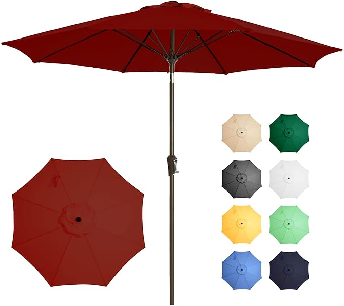 Ayge 9FT Large Outdoor Patio Umbrella Market Table Umbrella-UV Resistant, Easy Push Button Tilt and Crank, 8 Sturdy Fiberglass Ribs Heavy-Duty Pool Umbrella for Deck, Backyard,Garden,Red