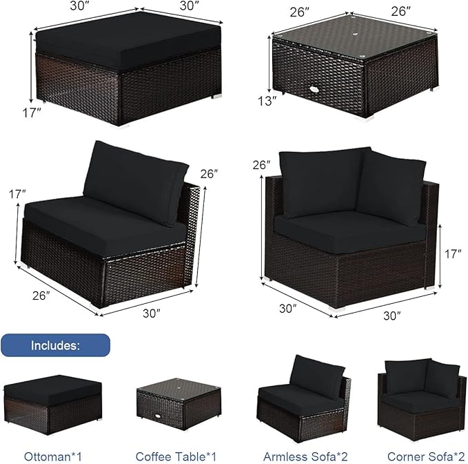 Tangkula 6 Piece Patio Furniture Set, Outdoor Deck Lawn Backyard Durable Steel Frame PE Rattan Wicker Sectional Sofa Set, Conversation Set with Coffee Table (Black)