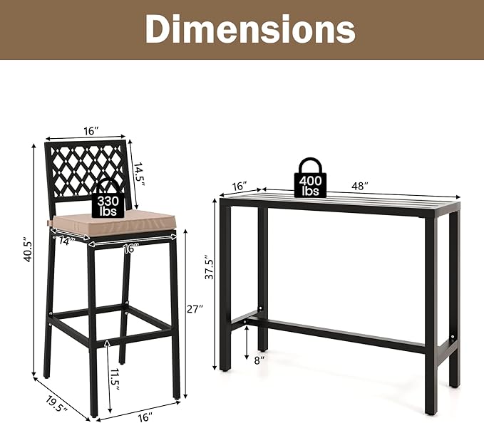 COSTWAY 3 Piece Outdoor Bar Table and Chairs Set, 48" Pub Height Bar Table & 2 Cushioned Bar Stools with Rhombus Backrest, Metal Patio Bar Table Set for Balcony, Backyard, Porch, Pool