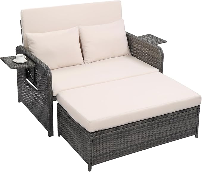 VINGLI Patio Daybed, Wicker Outdoor Daybed with Storage Ottoman & 5-Level Adjustable Backrest, All-Weather Rattan Cushioned Patio Loveseat Sofa for Garden Balcony Backyard (Beige, Gray)