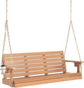 VINGLI Heavy Duty 1600 LBS HDPE Porch Swing Outdoor with Rotatable Cup Holder, 5 FT Patio Bench Swing with Adjustable Chains, 3 Person Hanging Porch Swing Chair for Porch, Yard, Tree, Garden - Teak