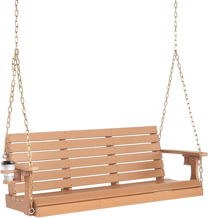 VINGLI Heavy Duty 1600 LBS HDPE Porch Swing Outdoor with Rotatable Cup Holder, 5 FT Patio Bench Swing with Adjustable Chains, 3 Person Hanging Porch Swing Chair for Porch, Yard, Tree, Garden - Teak