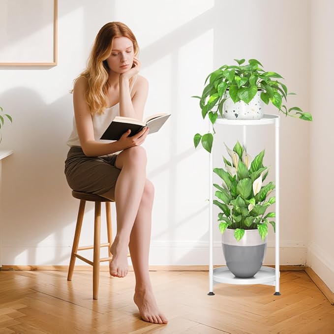iDavosic.ly 2 Tier Corner Plant Stand Indoor, Tall Vertical Metal Flower Heavy Duty Pot Holder Shelf Outdoor for Patio Porch Living Room, White - Round