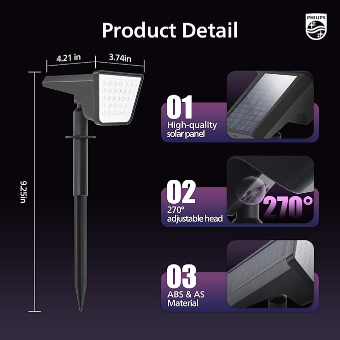 Philips 2 Packs Solar RGBW Spot Lights Outdoor, 18 LED Solar Powered Landscape Lights, 9 Lighting Modes Color-Changing Dusk to Dawn Waterproof Pathway Spotlights for Garden Trees Halloween Christmas
