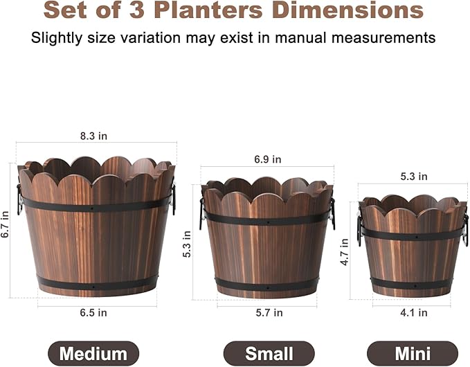 Wooden Bucket Barrel Planters, Rustic Patio Planters Flower Pots for Plants Indoor Décor, Set of 3