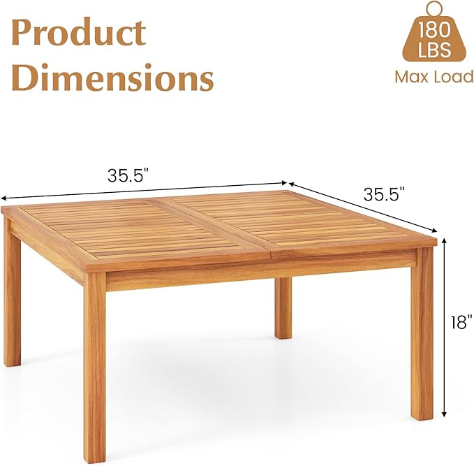 Tangkula Patio Wood Coffee Table, Solid Acacia Wood 35.5 Inches Side Table with Slatted Tabletop, Outdoor Square Table for Backyard, Porch, Balcony