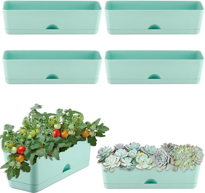 6 Pack Rectangle Planter 16x4.4 Inch Window Boxes Planters Rectangular Large Window Sill Planters Indoor Self Watering Plant Pots with Drainage Holes and Saucers Succulent Herb Flower Pots, Blue