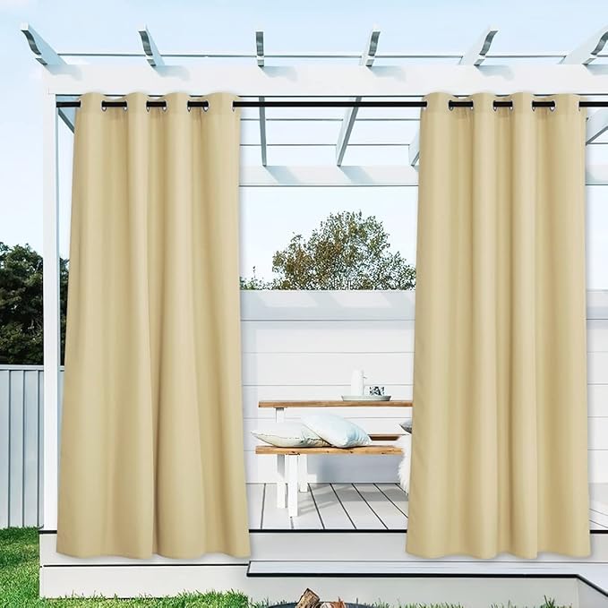NICETOWN Canvas Waterproof Outdoor Curtains for Patio 108 Inches Long, Machine Washable Rustproof Grommet Privacy Outdoor Drapes for Porch/Balcony, 2 Panels, 55" Wide, Light Beige