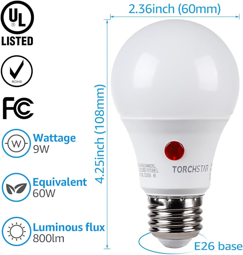 TORCHSTAR Dusk to Dawn Light Bulbs Outdoor, Sensor A19 LED Light Bulb, Auto on/Off Photocell Automatic for Outdoor Lighting, 2700K, Pack of 4
