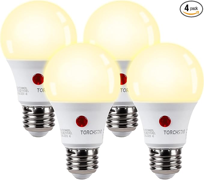 TORCHSTAR Dusk to Dawn Light Bulbs Outdoor, Sensor A19 LED Light Bulb, Auto on/Off Photocell Automatic for Outdoor Lighting, 2700K, Pack of 4