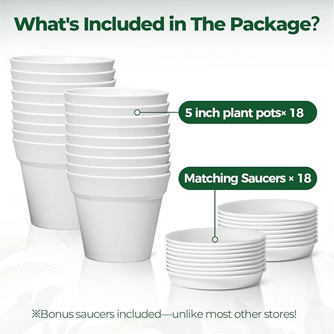T4U Flower Pots 18-Pack, 5 Inch Plant Pot with Saucer and Drainage Hole, Durable Plastic Flower Pots, Small Pots for Plants, Violet, Succulent and Indoor Plant Decorative (18 Pack 5" Pot, White)
