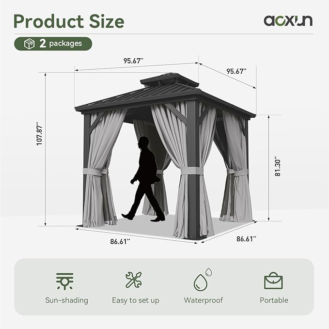 Aoxun 8'x8' Hardtop Gazebo, Aluminum Frame Canopy with Double Galvanized Steel Roof, Outdoor Metal Pavilion with Netting, Curtains for Backyard, Patio and Deck