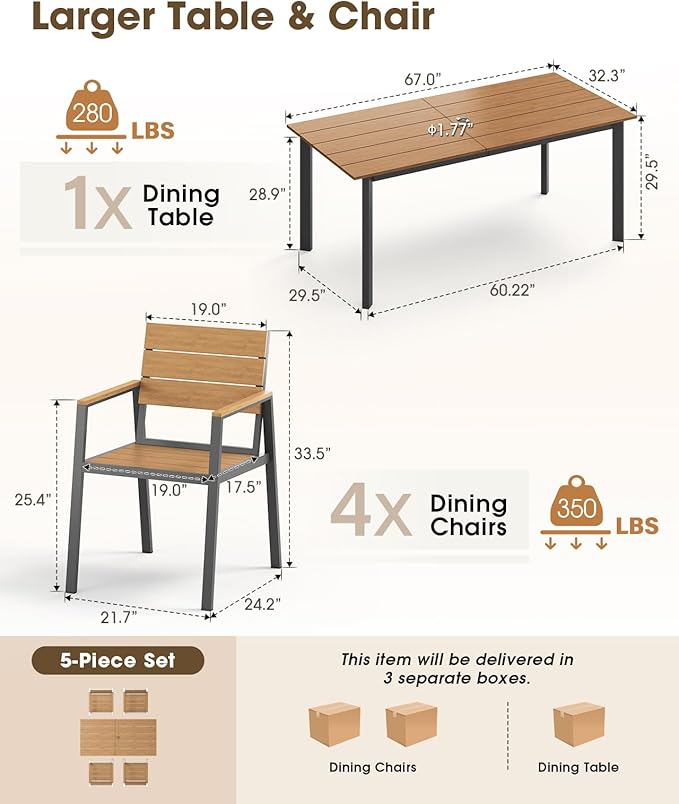 Outdoor Patio Dining Sets, Aluminum 5 Piece HDPS Outdoor Dining Table Set with Umbrella Hole, Modern Patio Furniture Set, Patio Dining Table and 4 Chairs (Gray & Teak)