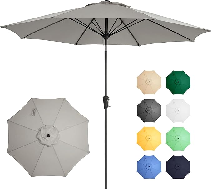 Ayge 9FT Large Outdoor Patio Umbrella Market Table Umbrella-UV Resistant, Easy Push Button Tilt and Crank, 8 Sturdy Fiberglass Ribs Heavy-Duty Pool Umbrella for Deck, Backyard,Garden,Light Grey