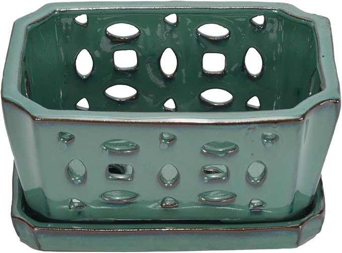 W&W Orchid Pot with Holes and Saucer for Repotting, Green, 9.7 Inches
