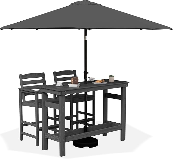 SERWALL Outdoor Bar Set with 9ft Umbrella, All-Weather HDPE Patio Bar Chairs and Table, Outdoor Furniture Set for Poolside, Backyard, Garden - Grey
