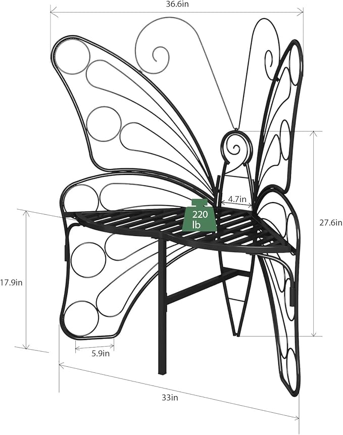 Butterfly Shaped Outdoor Bench, Black Garden Bench for Outdoor with Sturdy Stable Metal Frame, Butterfly Chair Butterfly Bench Outdoor for Garden, Yard, Balcony, Lawn (Black)