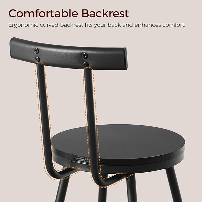 Bar Stools, Set of 2 Bar Chairs with Backrest and Footrest, 26" Tall Counter Stools, Metal Frame, Adjustable Feet, Easy Assembly, for Kitchen, Living Room, Pub, Black BAHB6001