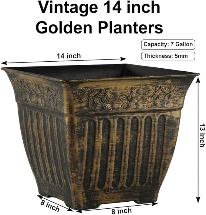14 Inch Vintage Square Planter - 4 Pack Heavy Duty Antique Gold Plastic Flower Pot with Drainage & Raised Base, Retro Distressed Style Plant Container for Outdoor Patio, Porch, Indoor (7 Gallon)