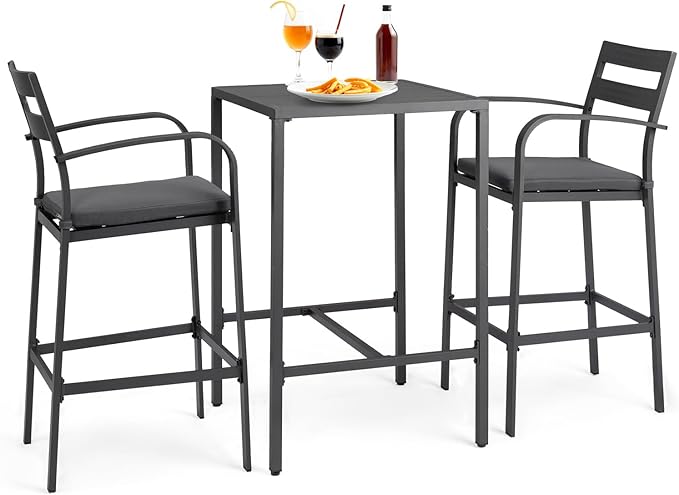 VINGLI 3-Piece Outdoor Bar Set, Aluminum Bar Height Table & 2 Chairs with Cushions, Outdoor Bistro Set for Patio, Backyard, Poolside, Garden(Gray)
