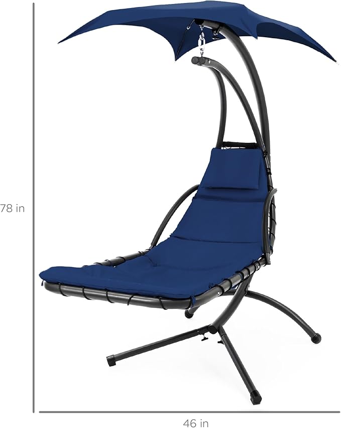 Best Choice Products Outdoor Hanging Curved Steel Chaise Lounge Chair Swing w/Built-in Pillow and Removable Canopy - Navy Blue