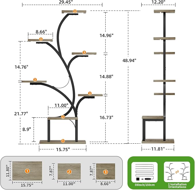 Plant Stand Indoor with Grow Lights, 7 Tiered Indoor Plant Shelf, 49" Corner Plant Stands for Indoor Plants, Metal Plant Flower Display Shelf, Tree-Shaped Plant Rack for Home, Patio, Grey