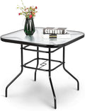 VINGLI Glass Patio Table with Umbrella Hole, 32" Square Outdoor Dining Table Steel Tempered Glass Patio Tables Outdoor Tables for Balcony Garden Deck