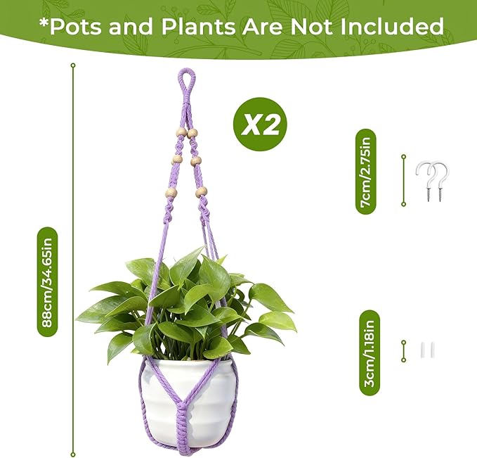 Macrame Plant Hanger, Up to 4-15 inch Pots, Wood Beads Cotton Hanging Planter Holder for Indoor Outdoor Boho Home Decor, 35 Inch, Set of 2 (Purple)
