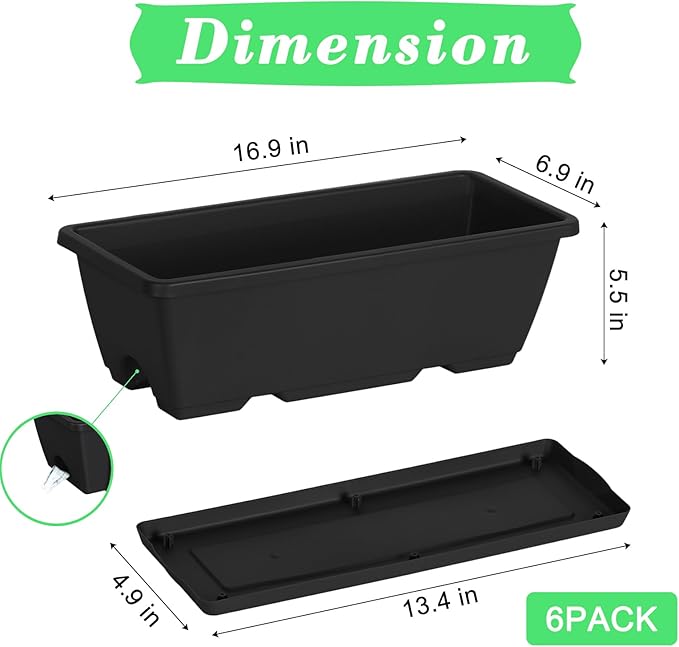 YBING Railing Planter Boxes 6 PCS Black Rectangle Railing Flower Box with Adjustable Bracket Window Deck Hanging Planters Boxes for Outdoor Patio