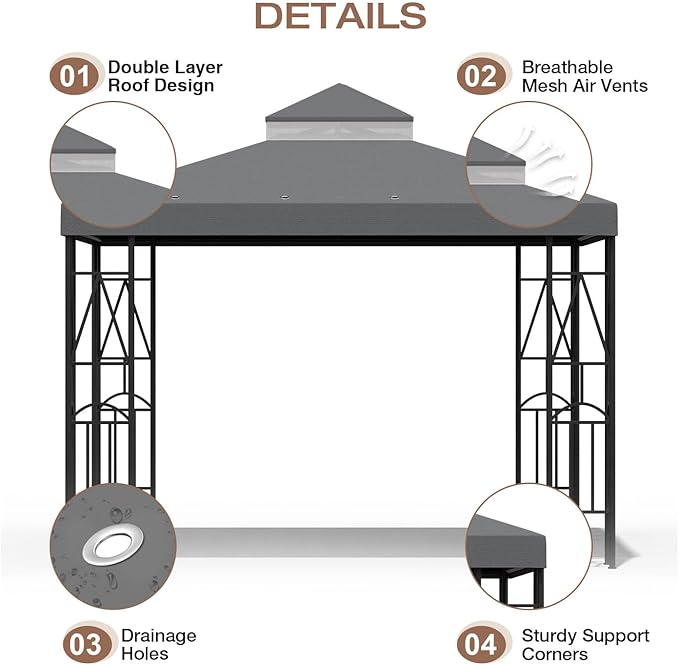 10x10 Canopy Replacement Top Double Tiered Gazebo Cover for Yard, Patio & Garden Durable Sunshade Replacement (Gray)