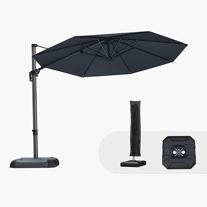 PURPLE LEAF 10 Feet Patio Umbrella with Base and Cover Round Outdoor Cantilever Umbrella Aluminum Offset Umbrella with 360-degree Rotation for Garden Deck Pool Patio Grey