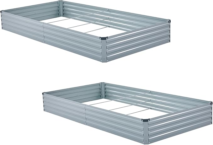 2 Pack 8x4x1FT Galvanized Raised Garden Bed Kit, Outdoor Metal Planter Box for Vegetables, Bottomless Rectangular Gardening Bed with Support Rods, Tool-Free Assembly, Gray