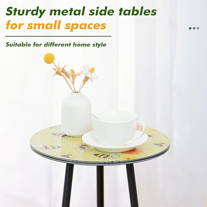 Metal Outdoor Side Tables Set of Two Small Outside Round End Table for Patio Modern Accent Garden Corner Table for Small Spaces, Balcony, Porch, Weather-Resistant Plant Stand Indoor, Yellow