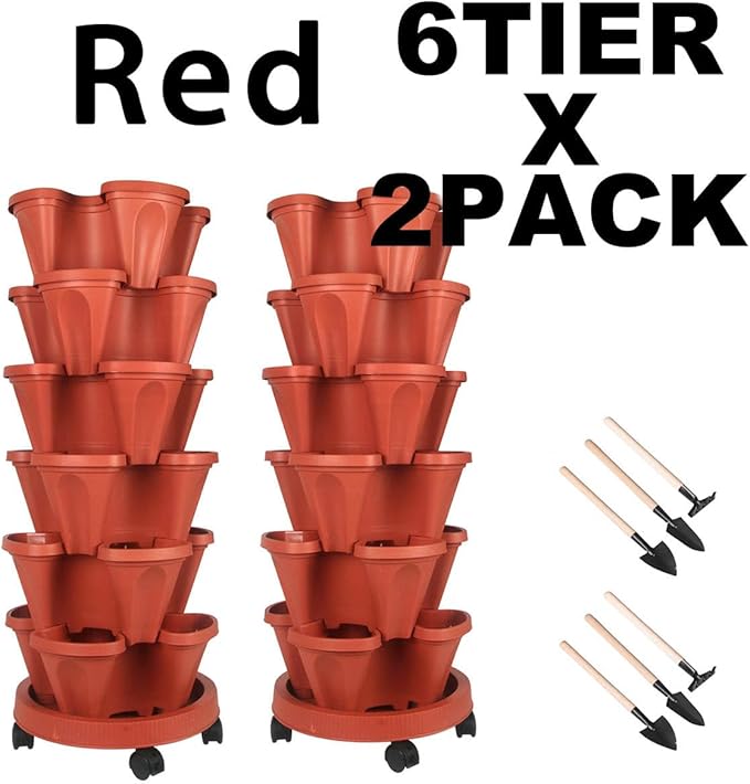 GameXcel Vertical Planter 6 Tier Stackable Planters Garden Planters Strawberry Herb Flower and Vegetable Planter Indoor Outdoor Gardening Pots with Removable Wheels and Tools 2-Pack